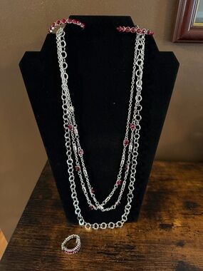 Silver Multi-Strand Necklace and Ring&Earrings with Red Stones
